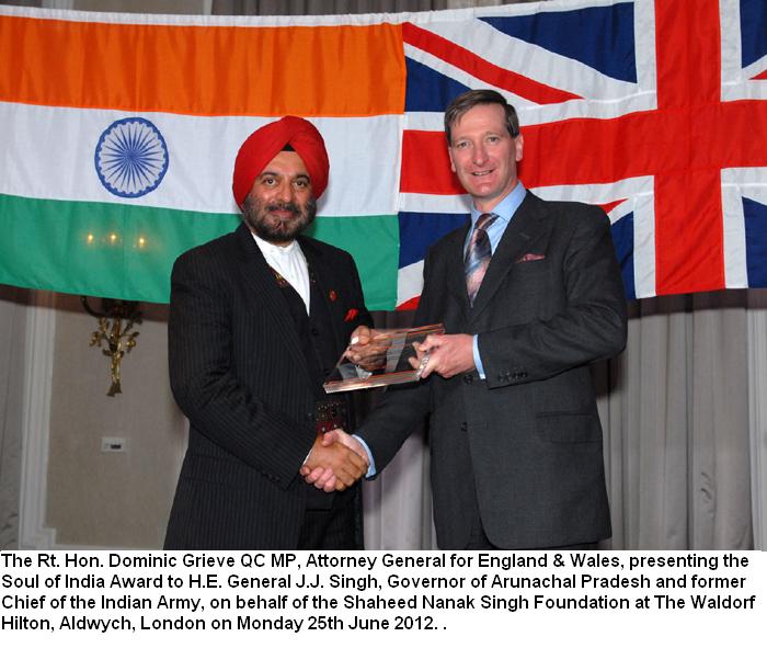 The Rt. Hon. Dominic Grieve QC MP, Attorney General for England & Wales, presenting the Soul of India Award to H.E. General JJ Singh, Governor of Arunachal Pradesh and former Chief of the Indian Army, on behalf of the Shaheed Nanak Singh FOundation at The Waldrof Hilton, Aldwych, London : 25/06/2012