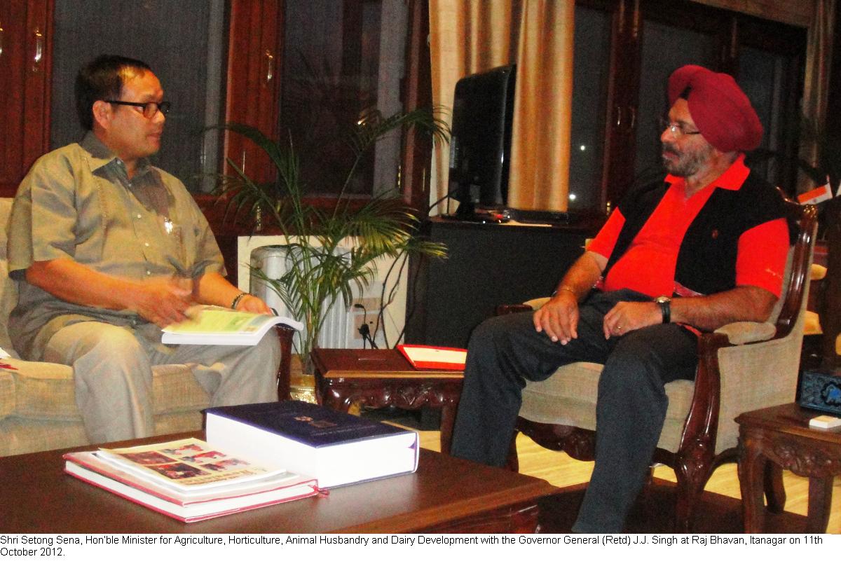 Shri  Setong Sena, Hon�ble Minister of Agriculture,Horticulture,Animal Husbandry and Dairy Development With the Governor General (Retd) J.J Singh at Raj Bhavan, Itanagar: 08/11/2012.
