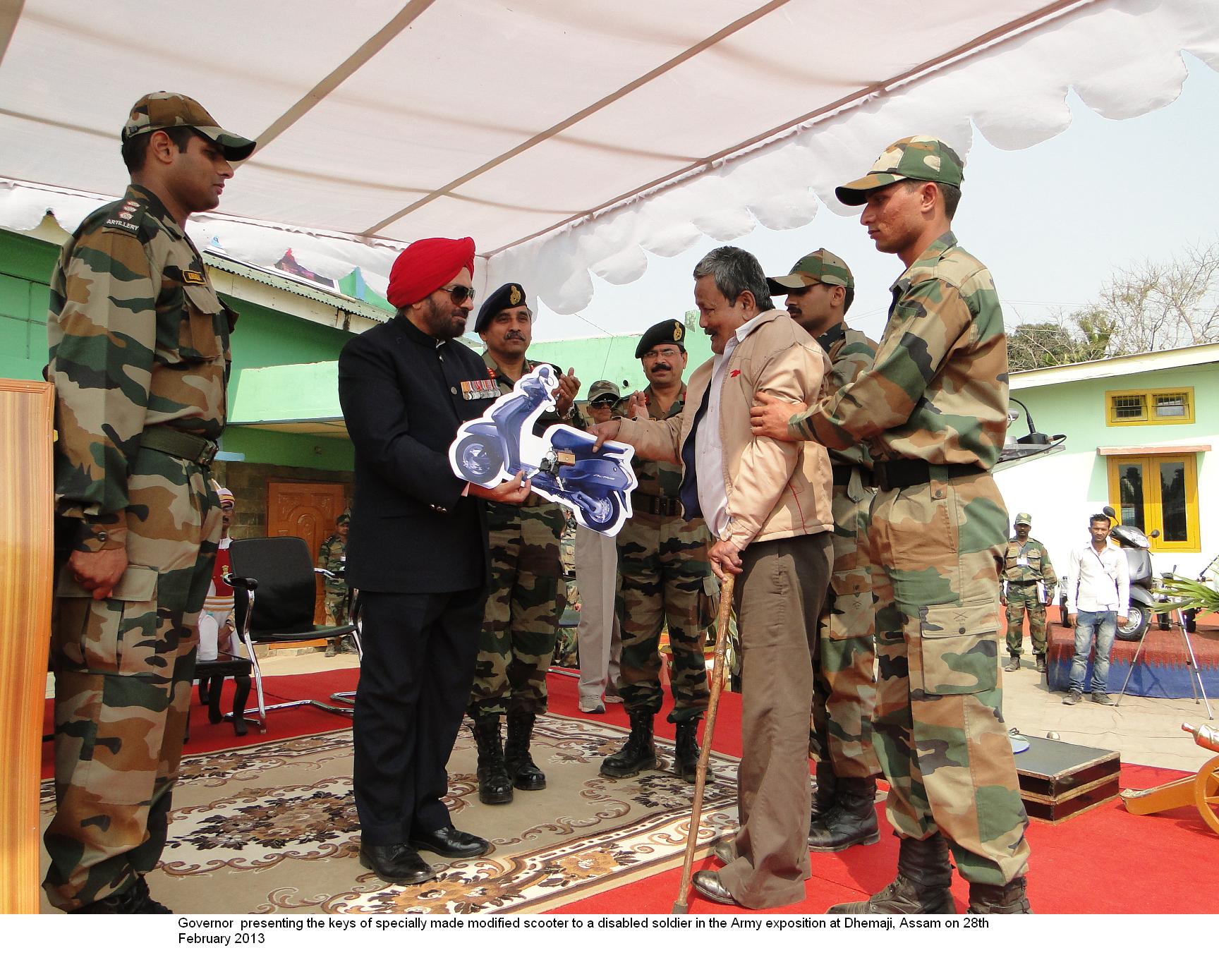 The Governor of Arunachal Pradesh General (Retd) JJ Singh in the Army exposition, �Know your Army Mela� at Dhemaji, Assam:28/02/2013