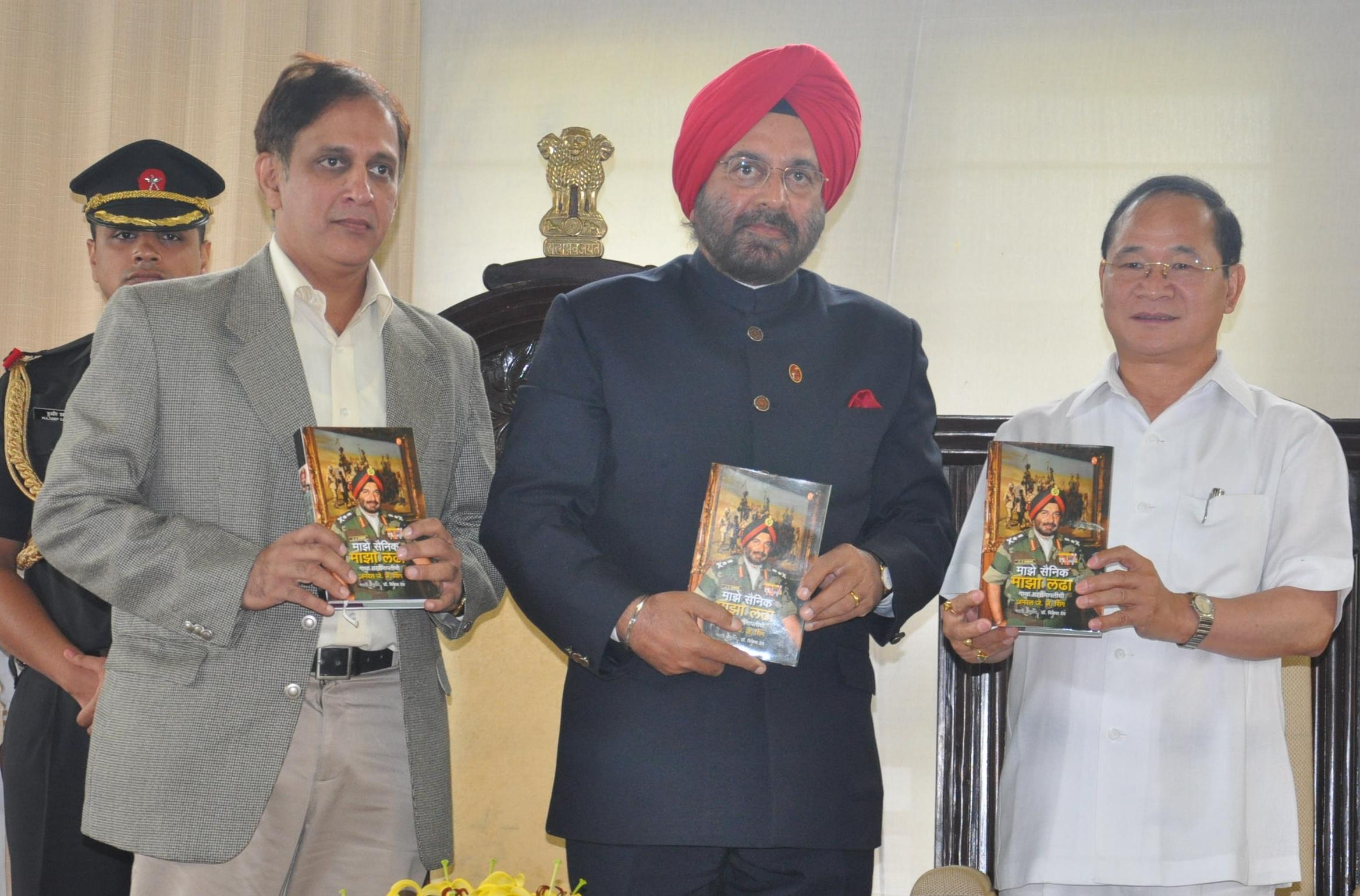 The Chief Minister of Arunachal Pradesh Shri Nabum Tuki released the Marathi version of General JJ Singh�s autobiography, �Majhe Sainik Majha Lada� at Raj Bhawan.Also seen: Governor of Arunachal Pradesh General JJ Singh and publisher of the Marathi version of the autobiography Shri Ulhas Latkar: 31/03/2013