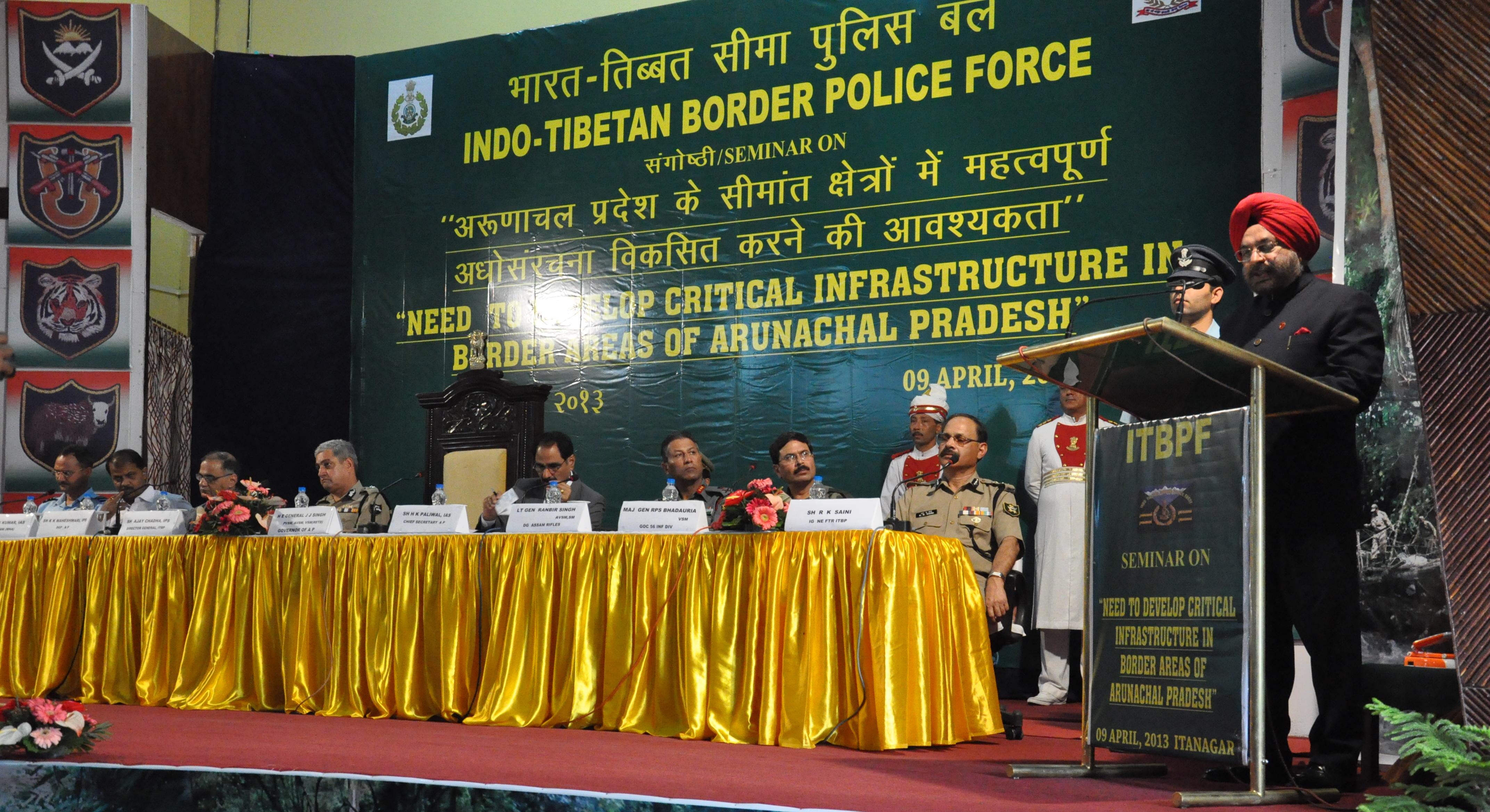 The Governor of Arunachal Pradesh General (Retd) J.J. Singh delivering the keynote address at the seminar themed �Need to develop critical infrastructure in border areas of Arunachal Pradesh� at Siddhartha Hall, Itanagar:09/04/2013