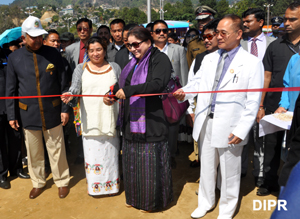First Lady of Arunachal Pradesh Smt Jyotsna Sharma inaugurating the �Food Festival� on the occasion of 28th Statehood Day celebration at Indira Gandhi Park, Itanagar on 20th February 2014. Also seen: Governor Lt. Gen (Retd) Nirbhay Sharma, Chief Minister Shri Nabam Tuki and his wife.